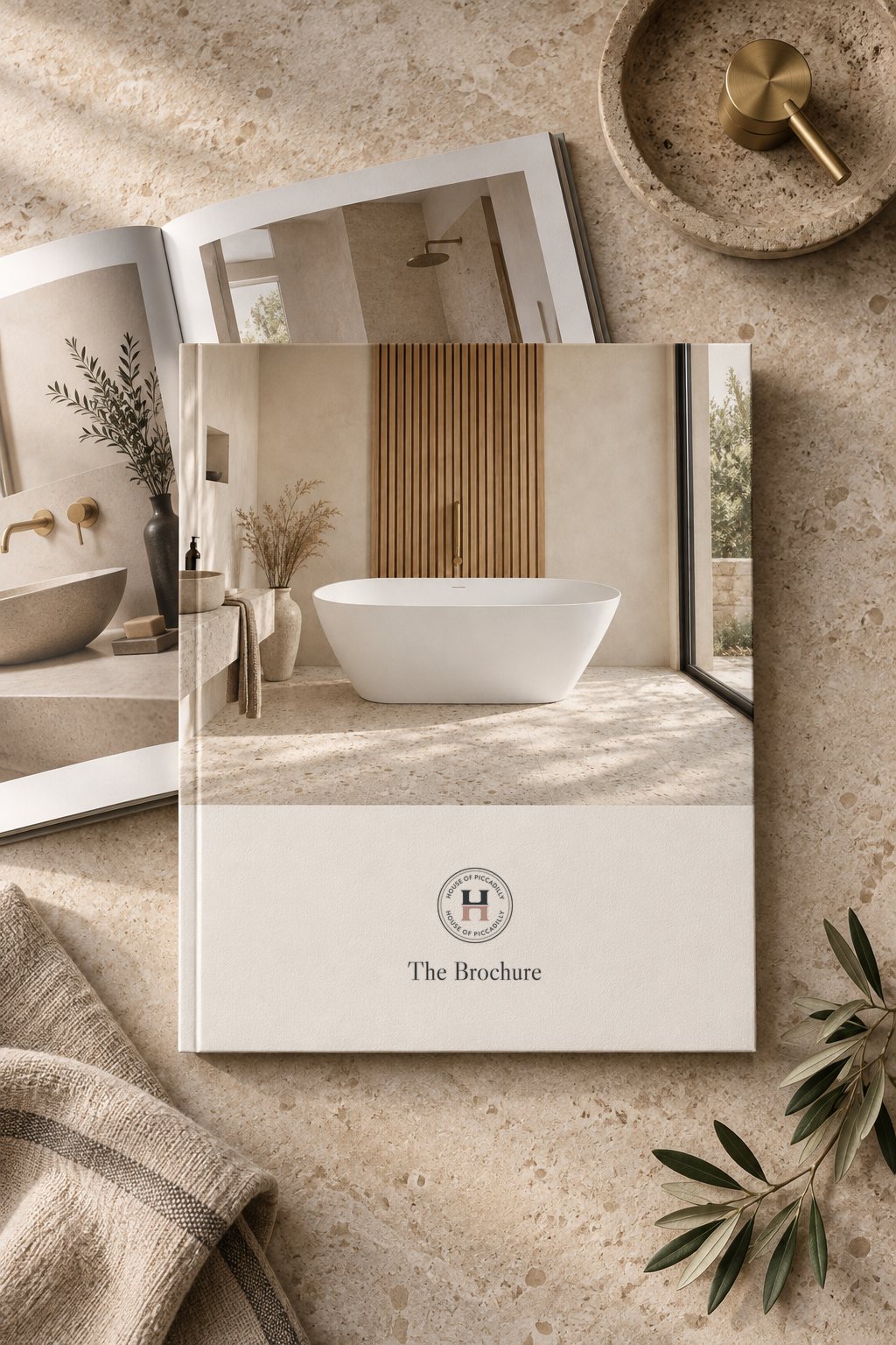 The House of Piccadilly brochure on a travertine table, beside an open copy, a linen towel and olive leaves