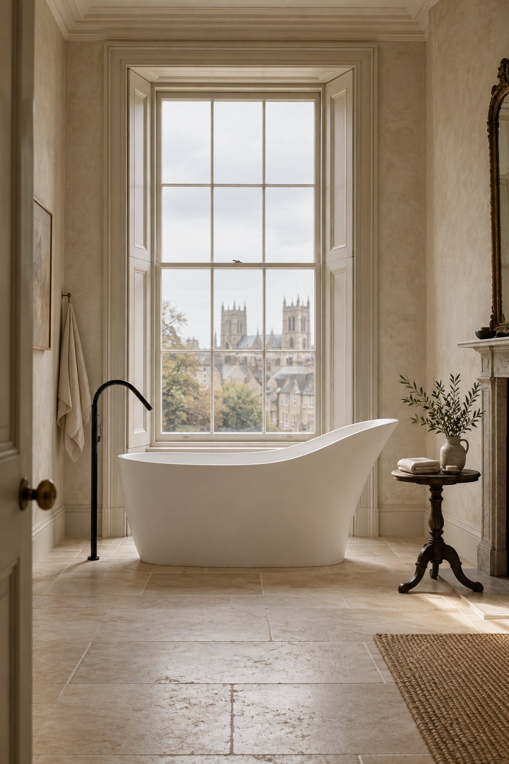 The Stamford freestanding bath in a Georgian bathroom, with cathedral towers beyond the sash window
