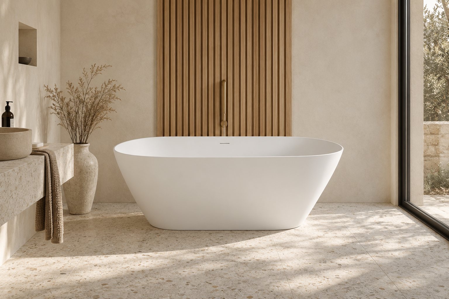 The Grantley freestanding bath against a slatted oak wall, on a sunlit terrazzo floor