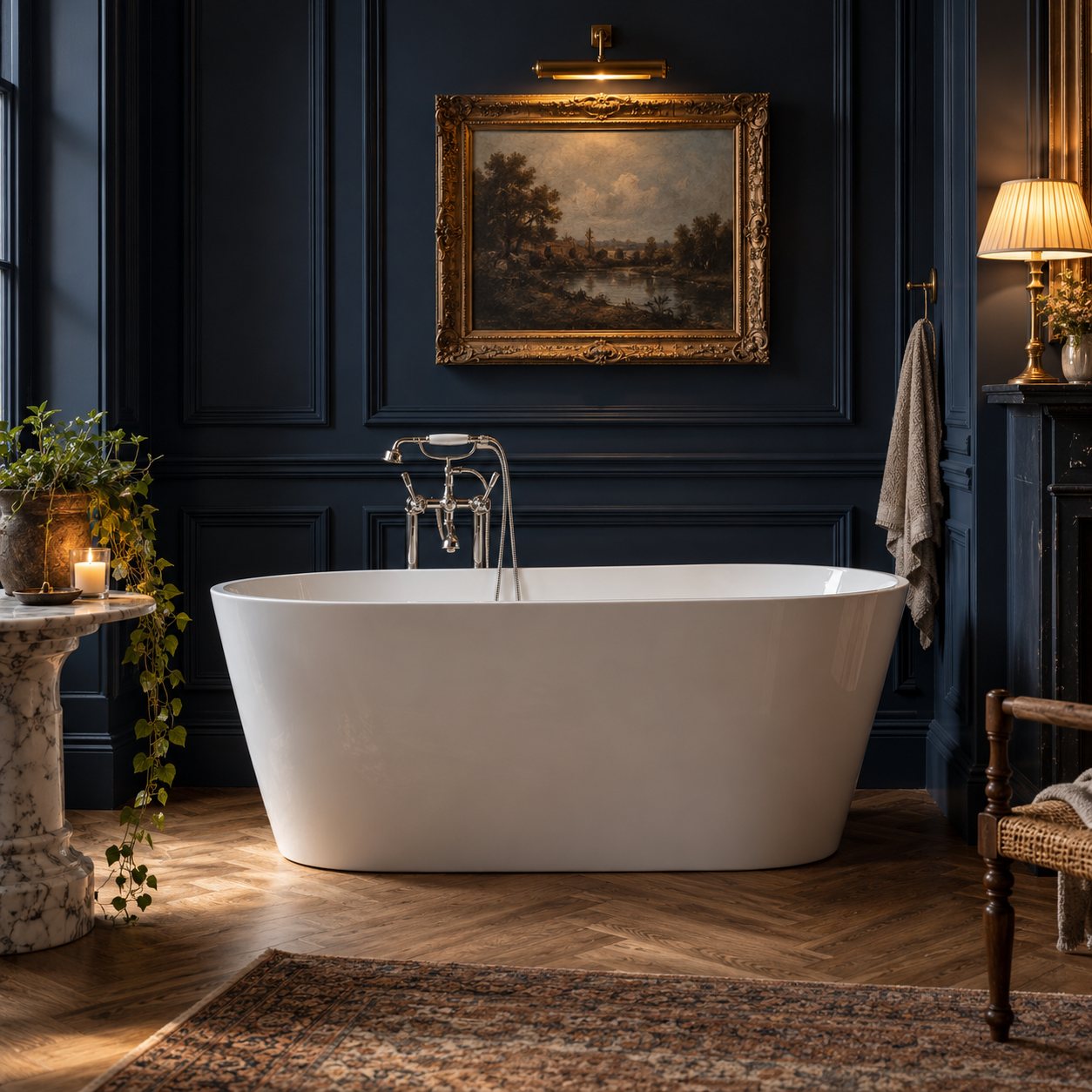 The Saffron freestanding bath in a navy panelled bathroom beneath an oil painting