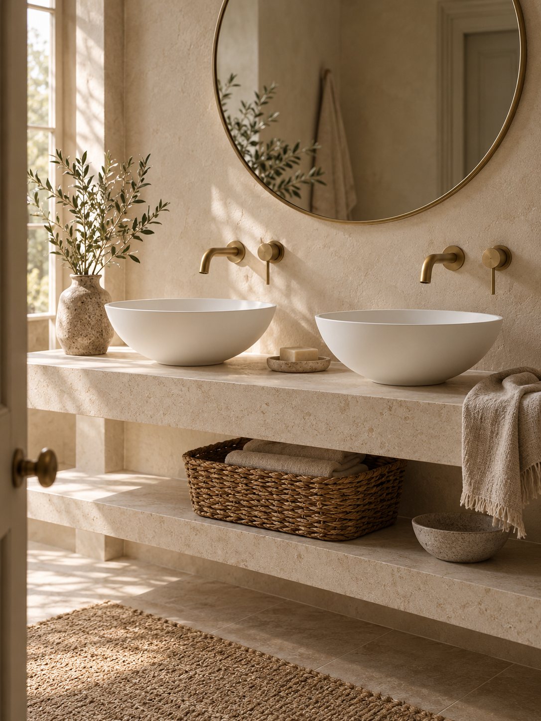 Two round countertop basins with Brushed Gold wall-mounted taps on a limestone shelf