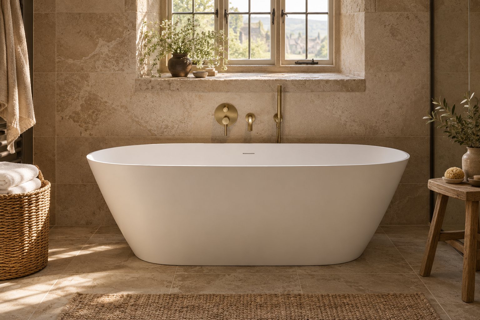 The Richmond freestanding bath with Brushed Gold wall-mounted taps in a travertine bathroom