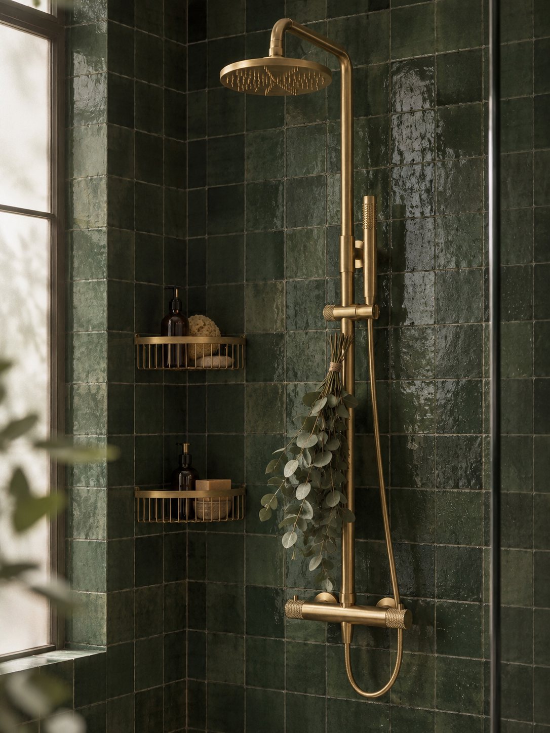 A Brushed Gold column shower on deep green zellige tiles